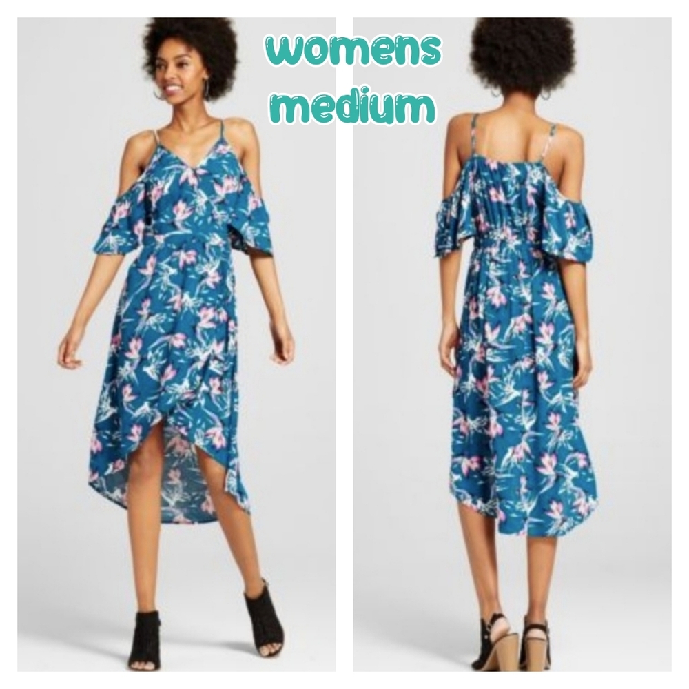 Xhilaration Cold Shoulder Tropical Midi Wrap Dress Floral V Neck Women Med